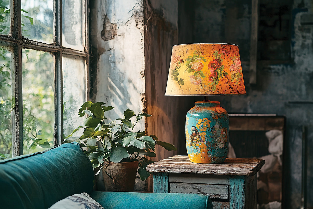 The Catharina Transfer by IOD lamp displayed on a wooden table near a window.