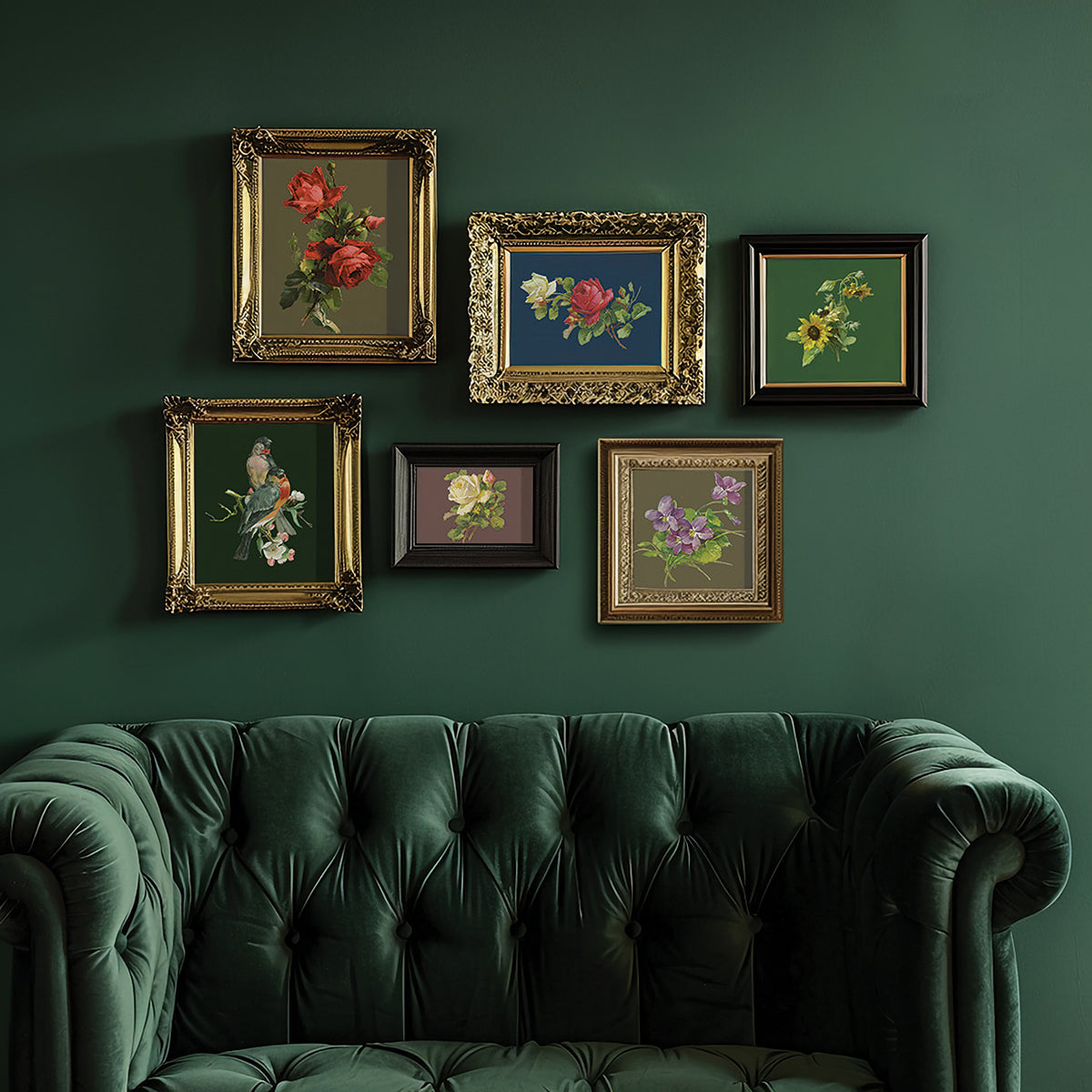 Six framed Catharina Transfers by I.O.D. displayed above a green velvet tufted sofa against a green wall.