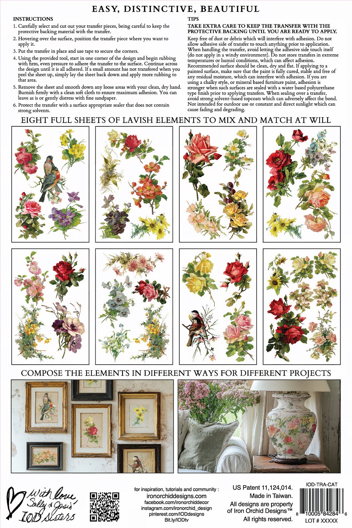 I.O.D. Catharina Transfer set with 12 sheets of vintage florals, birds, instructions, and frame ideas included.