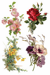 Four floral bouquets with pink, red, and yellow accents in style of vintage Catharina Transfer by I.O.D.