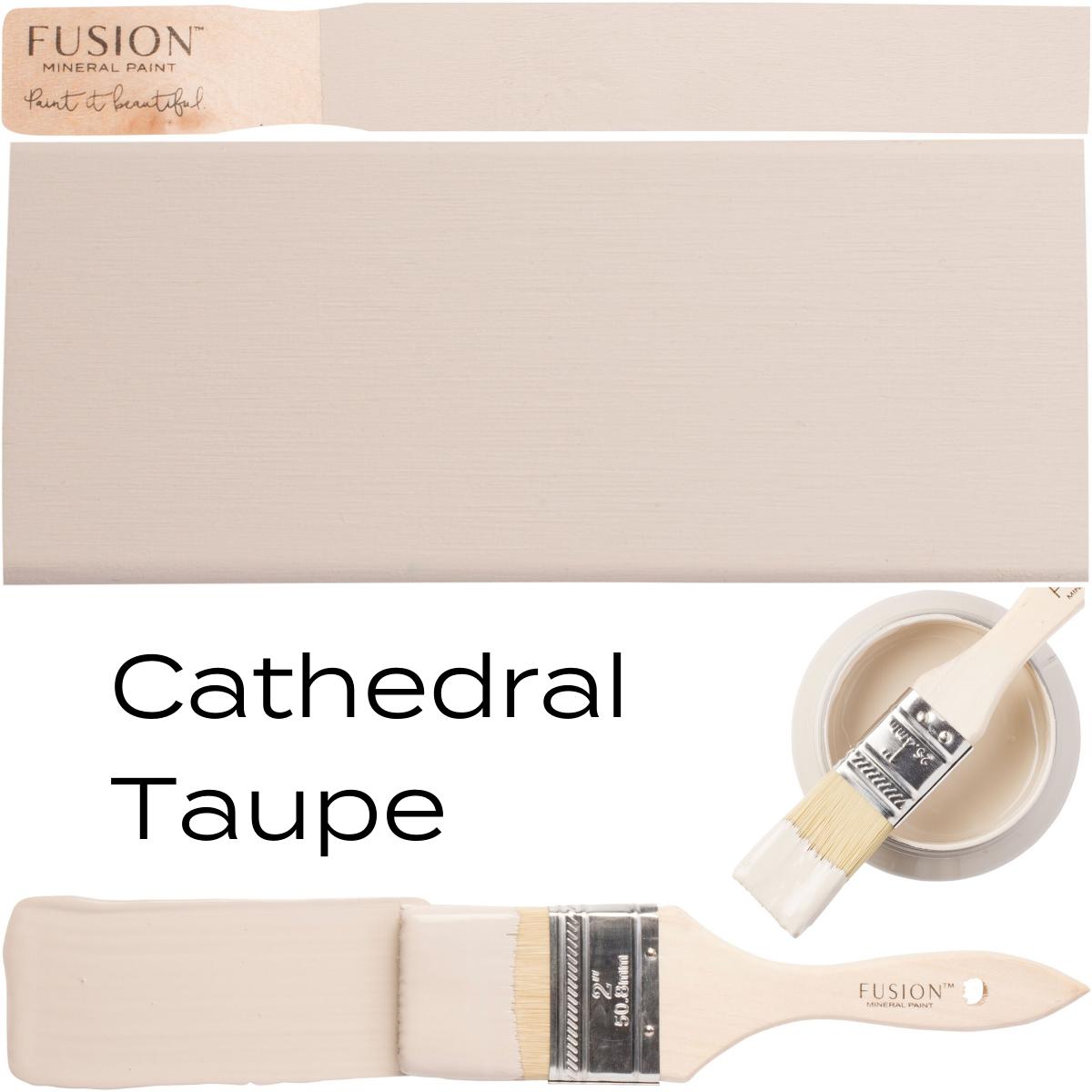Fusion Mineral Paint Cathedral Taupe can with paint brush and color swatches.