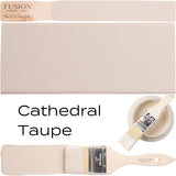 Fusion Mineral Paint Cathedral Taupe can with paint brush and color swatches.