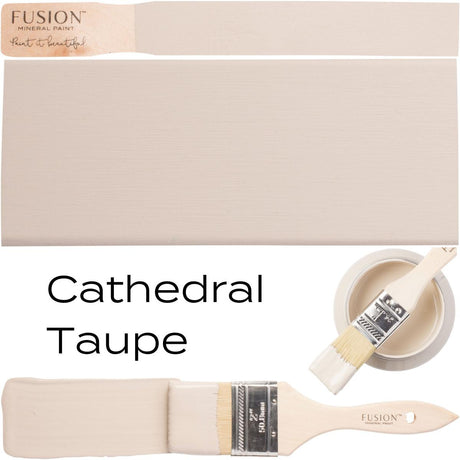 Fusion Mineral Paint Cathedral Taupe can with paint brush and color swatches.
