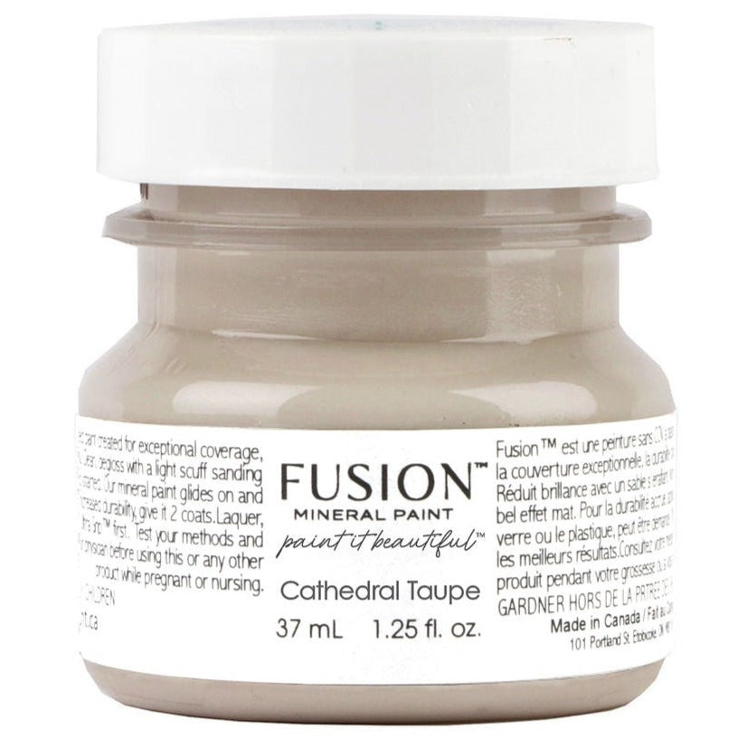 Fusion Mineral Paint Cathedral Taupe 37ml all-in-one acrylic paint jar for distressed finishes.