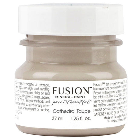 Fusion Mineral Paint Cathedral Taupe 37ml all-in-one acrylic paint jar for distressed finishes.