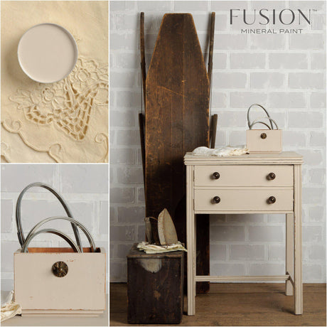 Small table painted in Cathedral Taupe Fusion Mineral Paint with vintage décor accents.