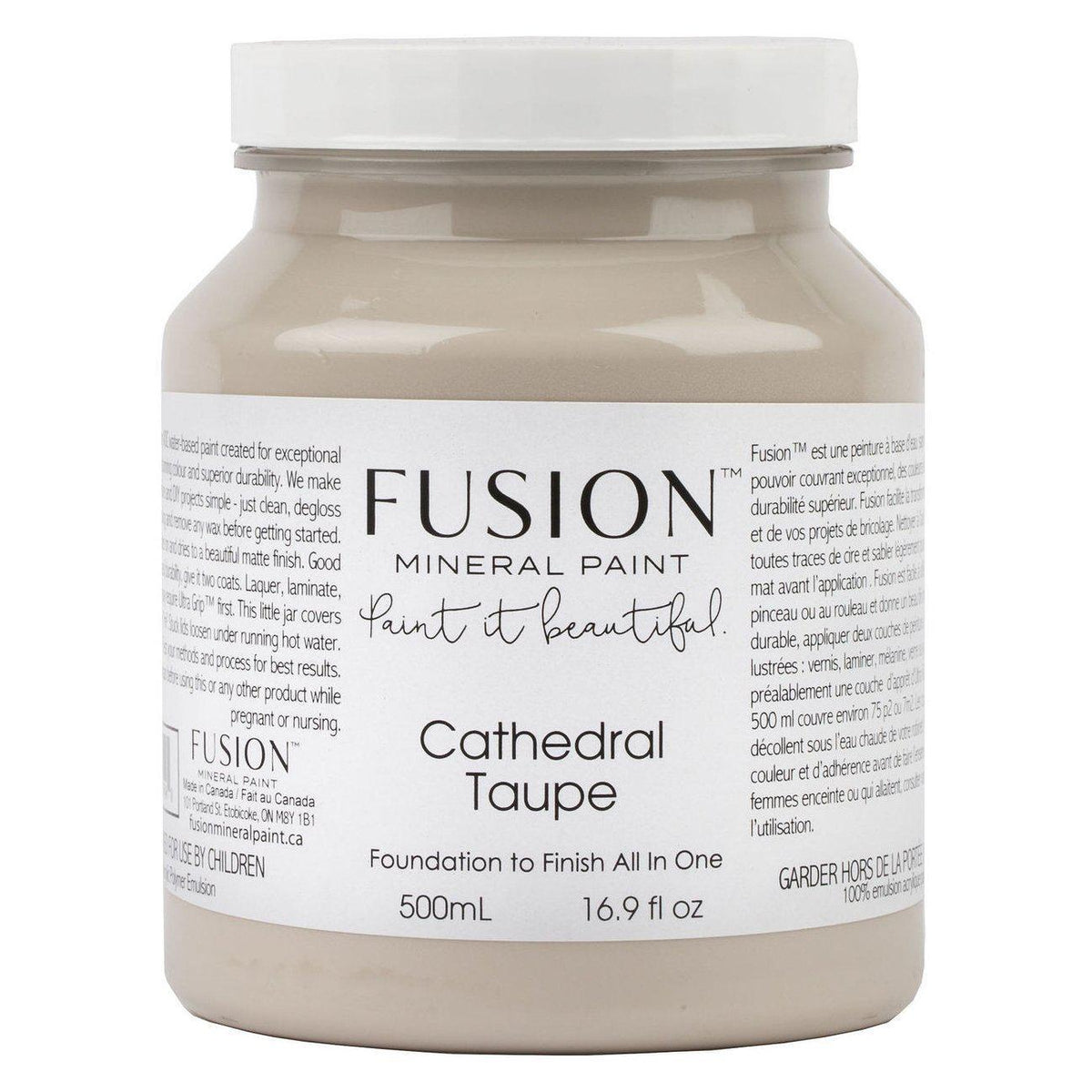 500mL Cathedral Taupe Fusion Mineral Paint all-in-one acrylic container with product label visible.