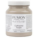 500mL Cathedral Taupe Fusion Mineral Paint all-in-one acrylic container with product label visible.