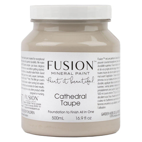 500mL Cathedral Taupe Fusion Mineral Paint all-in-one acrylic container with product label visible.