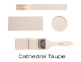 Cathedral Taupe Fusion Mineral Paint samples with brushes displaying a distressed finish.