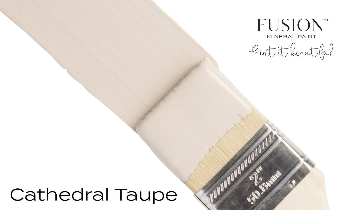 Cathedral Taupe Fusion Mineral Paint with paintbrush on white background.
