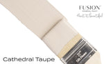 Cathedral Taupe Fusion Mineral Paint with paintbrush on white background.