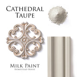 Cathedral Taupe Milk Paint by Homestead House as powder on an ornate medallion and trim piece.