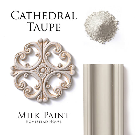 Cathedral Taupe Milk Paint by Homestead House as powder on an ornate medallion and trim piece.