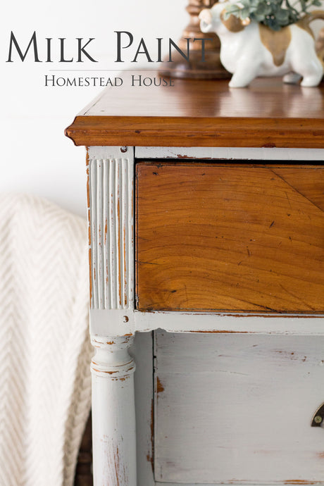 Wooden dresser with Cathedral Taupe Milk Paint by Homestead House; text reads “Milk Paint Homestead House.”.