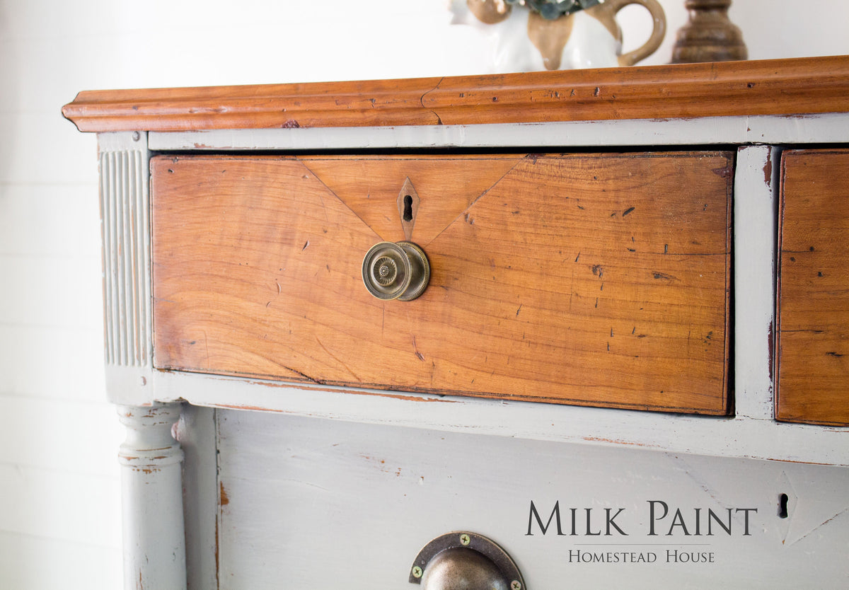 Wooden drawer with metal knob, painted Cathedral Taupe Milk Paint by Homestead House.