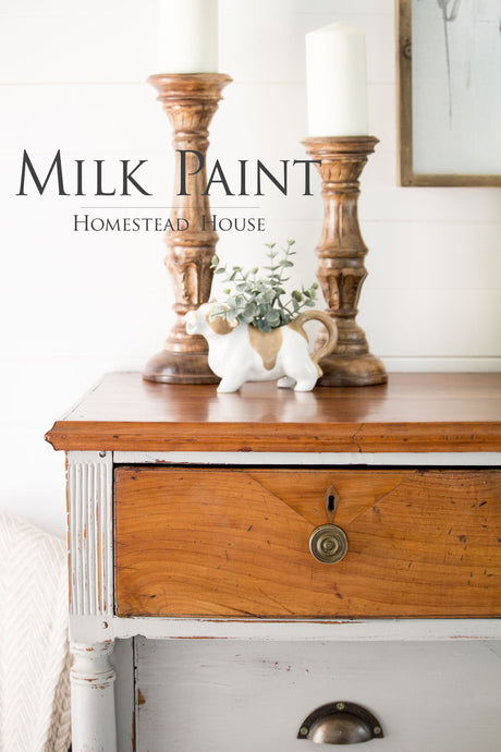 Cathedral Taupe Milk Paint by Homestead House, classic taupe paint for DIY or home decor projects, product packaging shown.