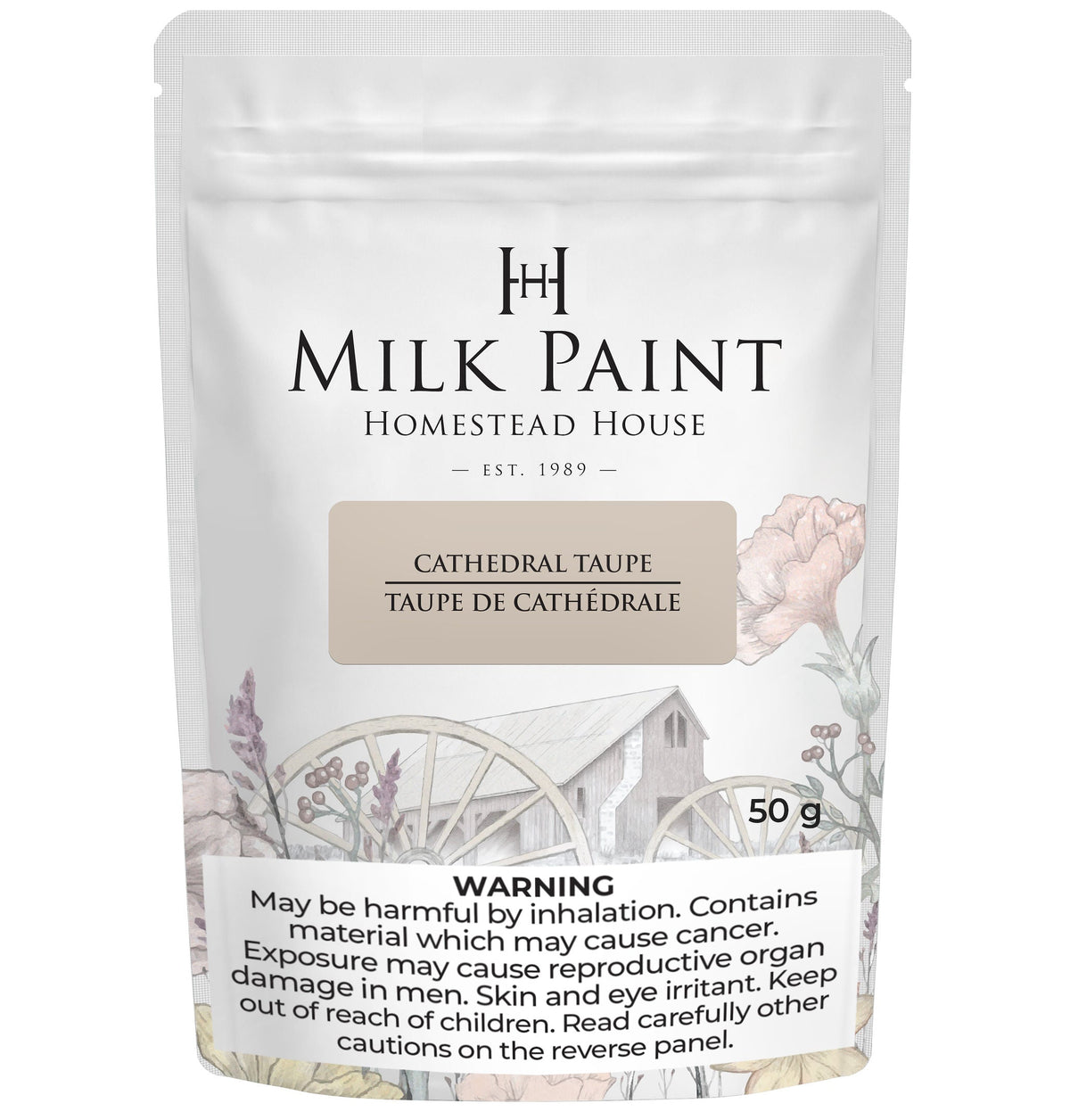 Cathedral Taupe Milk Paint by Homestead House, 50g powder bag with health warning and floral wagon illustration.
