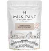 Cathedral Taupe Milk Paint by Homestead House, 50g powder bag with health warning and floral wagon illustration.