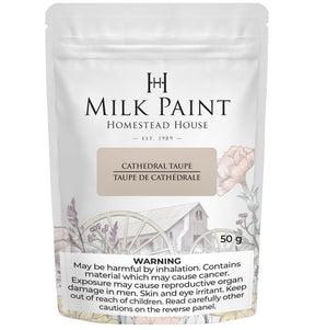 Cathedral Taupe Milk Paint by Homestead House, 50g powder bag with health warning and floral wagon illustration.