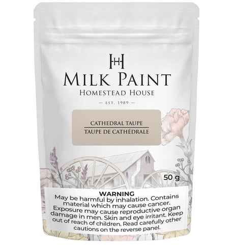 Cathedral Taupe Milk Paint by Homestead House, 50g powder bag with health warning and floral wagon illustration.