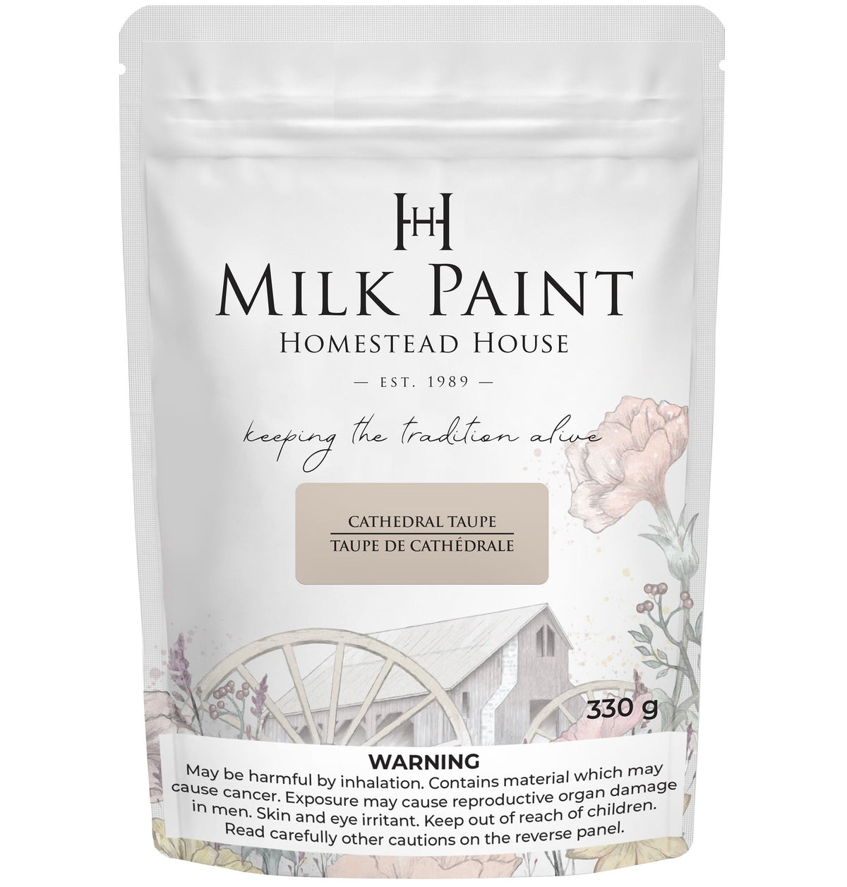 Homestead House Cathedral Taupe Milk Paint, 330g bag with floral and wagon wheel graphics on the packaging.