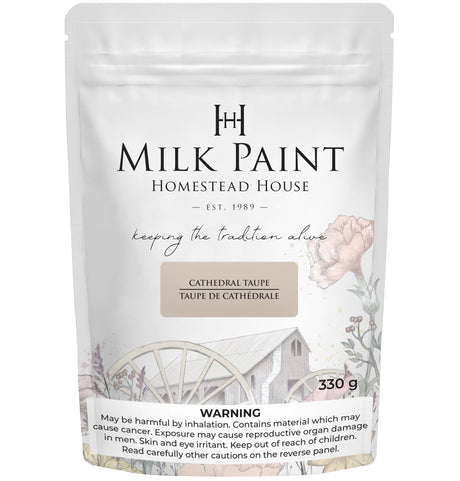 Homestead House Cathedral Taupe Milk Paint, 330g bag with floral and wagon wheel graphics on the packaging.