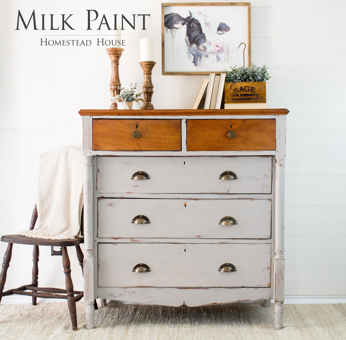 Cathedral Taupe Milk Paint dresser by Homestead House, decor accents, cow art, and a wooden chair nearby.