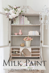 Vintage desk with shelves; overlaid text: Cathedral Taupe Milk Paint by Homestead House.