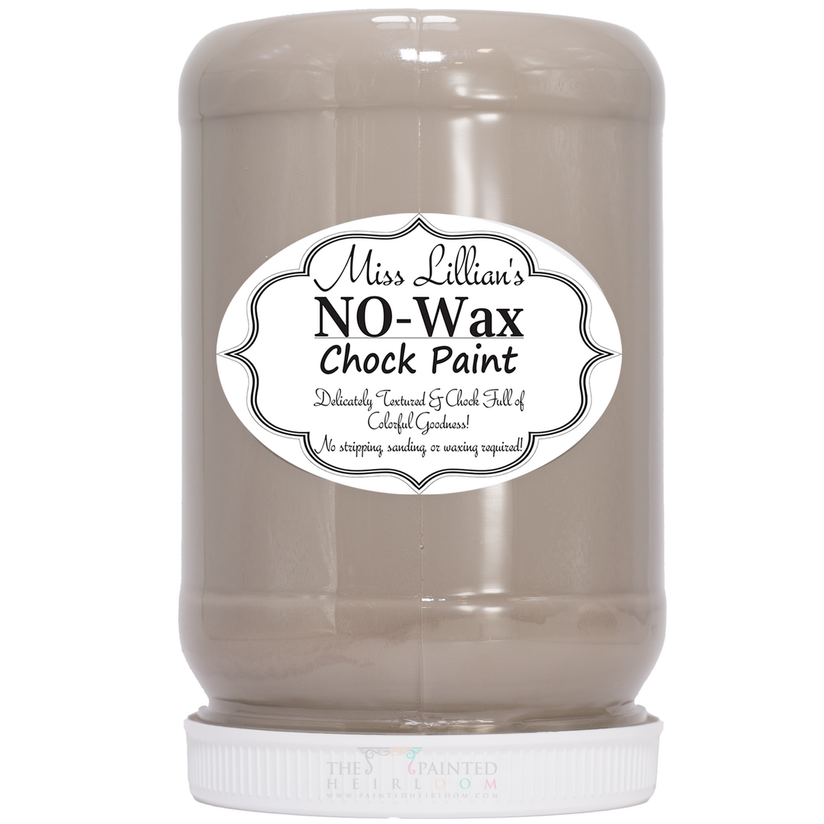 Miss Lillian’s Paint Cava No-Wax Chock Paint jar in taupe for furniture restoration.