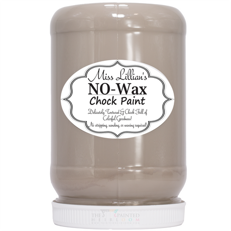 Miss Lillian’s Paint Cava No-Wax Chock Paint jar in taupe for furniture restoration.