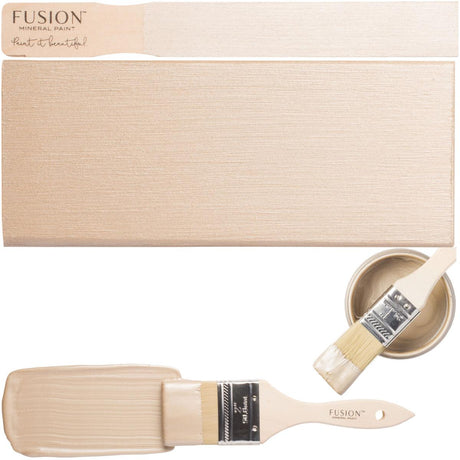 Fusion Mineral Paint Champagne Gold Metallic shown brushed on a board for a soft, shimmery beige finish.