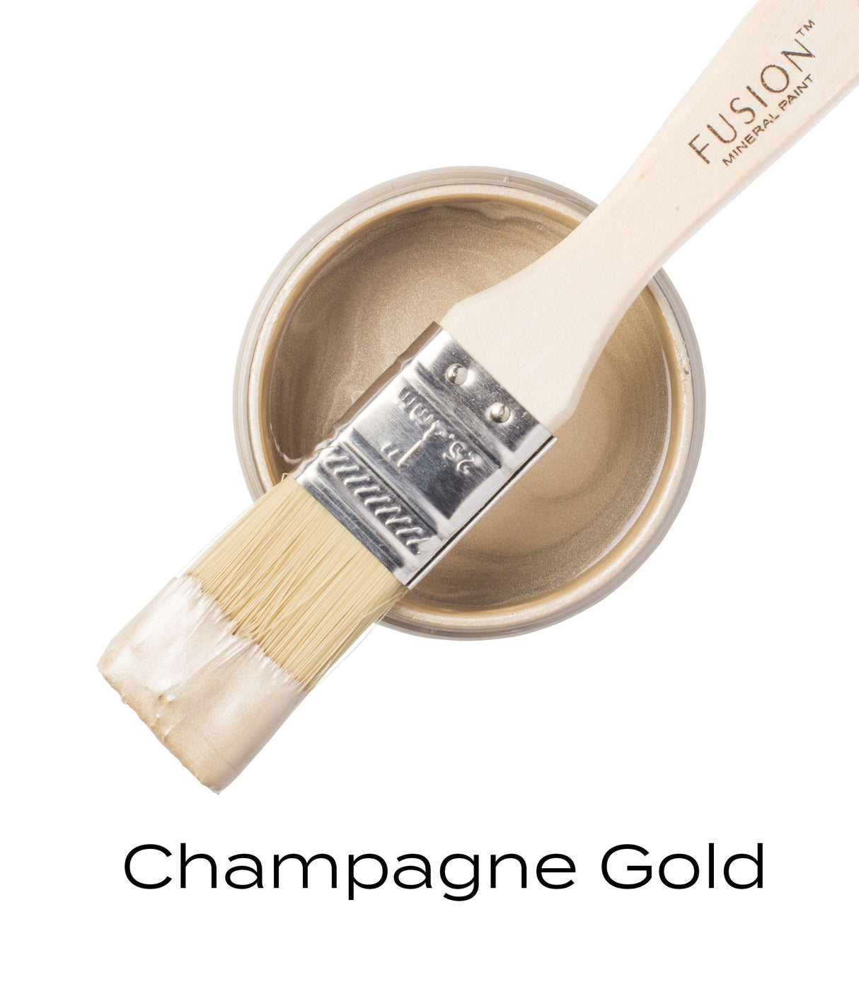 Open can of Fusion Mineral Paint, Champagne Gold Metallic, with brush and label reading “Champagne Gold.”.