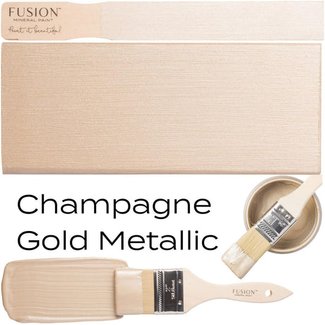 Champagne Gold Metallic Fusion Mineral Paint sample and paintbrush with visible metallic shimmer.