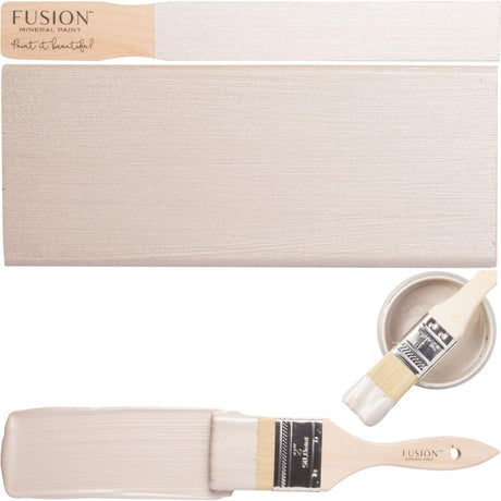 Champagne Metallic Fusion Mineral Paint can with open lid, painted panel, and brush with paint rests nearby.
