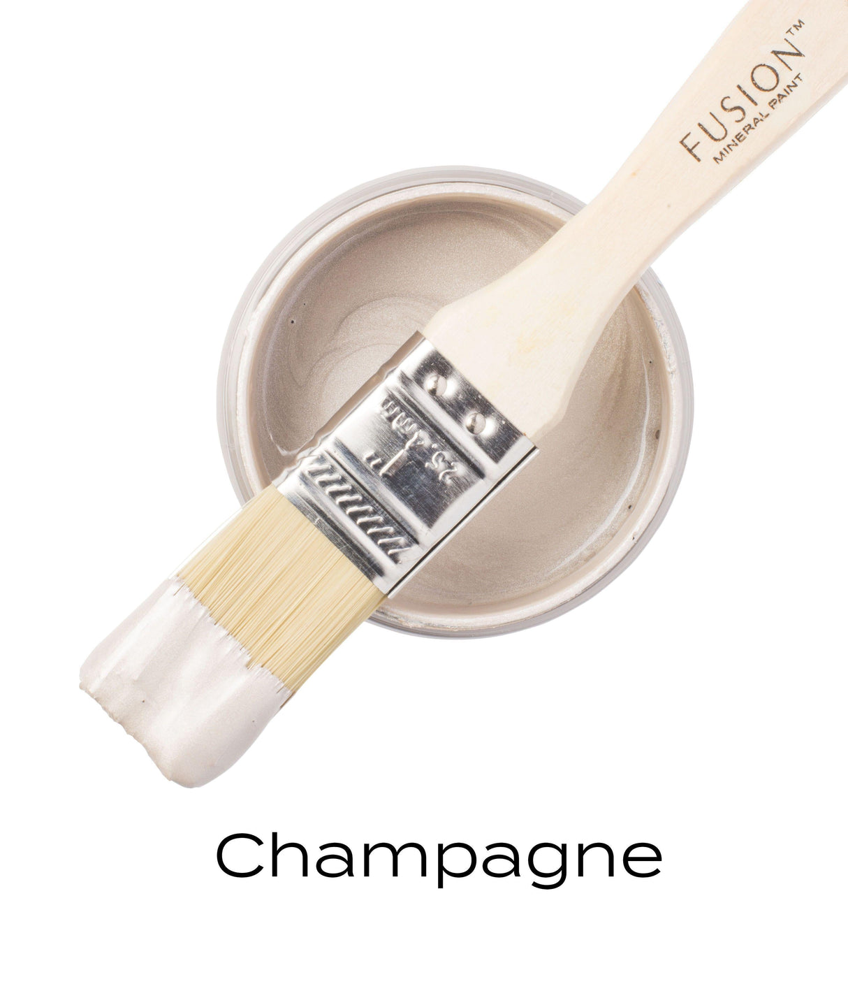 Paintbrush with Champagne Metallic Fusion Mineral Paint on open jar labeled “Champagne”.