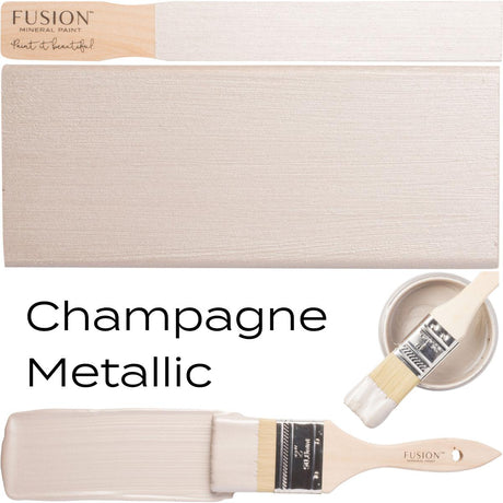 Fusion Mineral Paint Champagne Metallic rose gold can, swatch, and brushes displayed together.