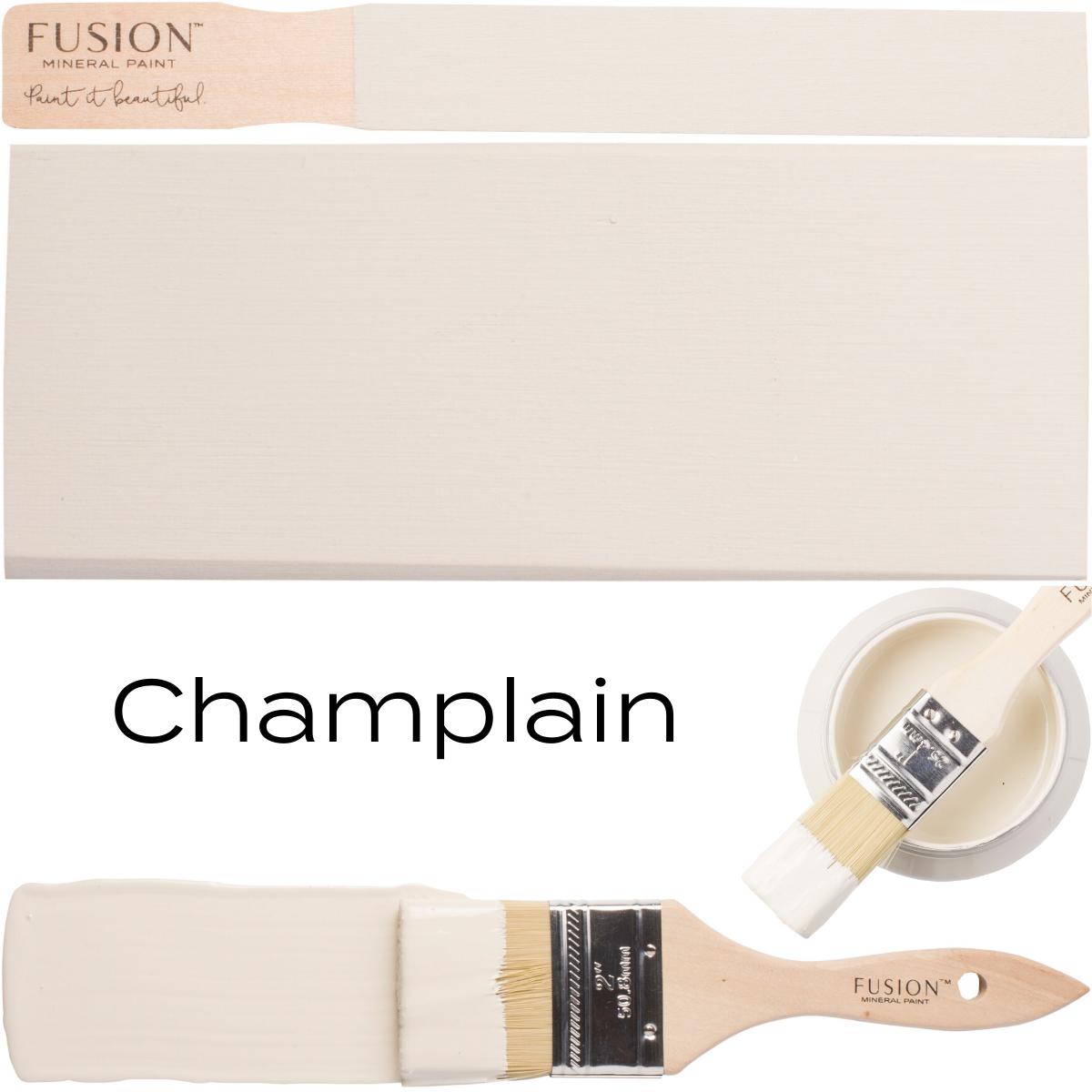 Fusion Mineral Paint Champlain with paintbrush, sample swatch, and open can of all-in-one acrylic paint.