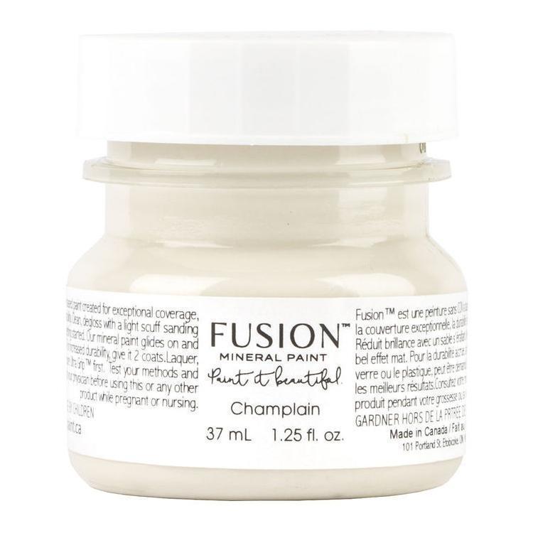 37 mL jar of Fusion Mineral Paint in Champlain, warm white acrylic, with label and white screw-top lid.