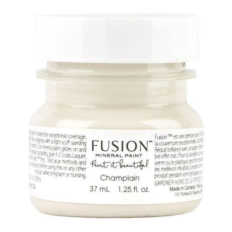 37 mL jar of Fusion Mineral Paint in Champlain, warm white acrylic, with label and white screw-top lid.