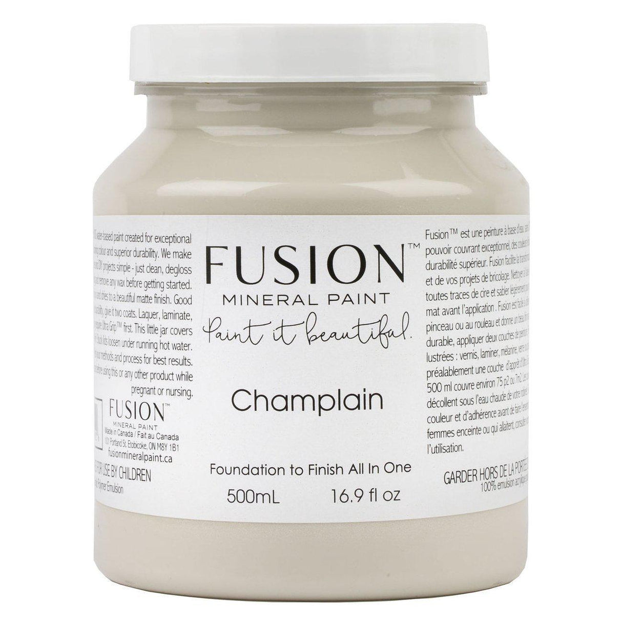 500mL jar of Champlain Fusion Mineral Paint, warm white acrylic with a white label and black text.