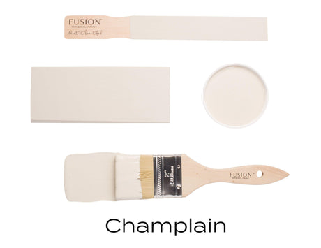 Champlain Fusion Mineral Paint brush and swatch, creamy warm white acrylic, Fusion Mineral Paint brand.