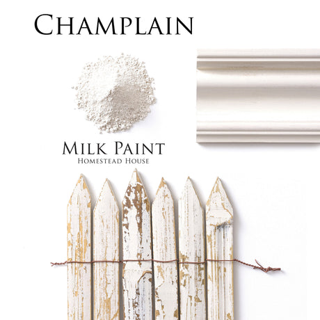 Champlain Milk Paint by Homestead House shown as powder, applied on molding, and on a distressed off-white picket fence.