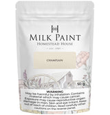 50g Champlain Milk Paint by Homestead House, floral packaging, health warning at bottom.