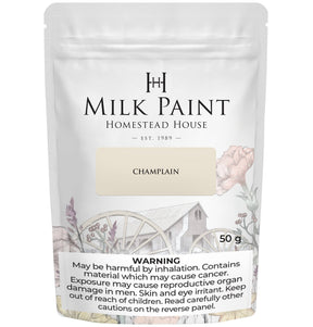 50g Champlain Milk Paint by Homestead House, floral packaging, health warning at bottom.