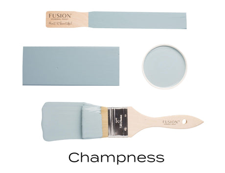 Champness by Fusion Mineral Paint shown as labeled stick, painted wood sample, open can, and brush.