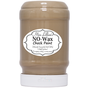 Miss Lillian’s Paint Chanel No-Wax Chock Paint jar containing light brown, eco-friendly paint.