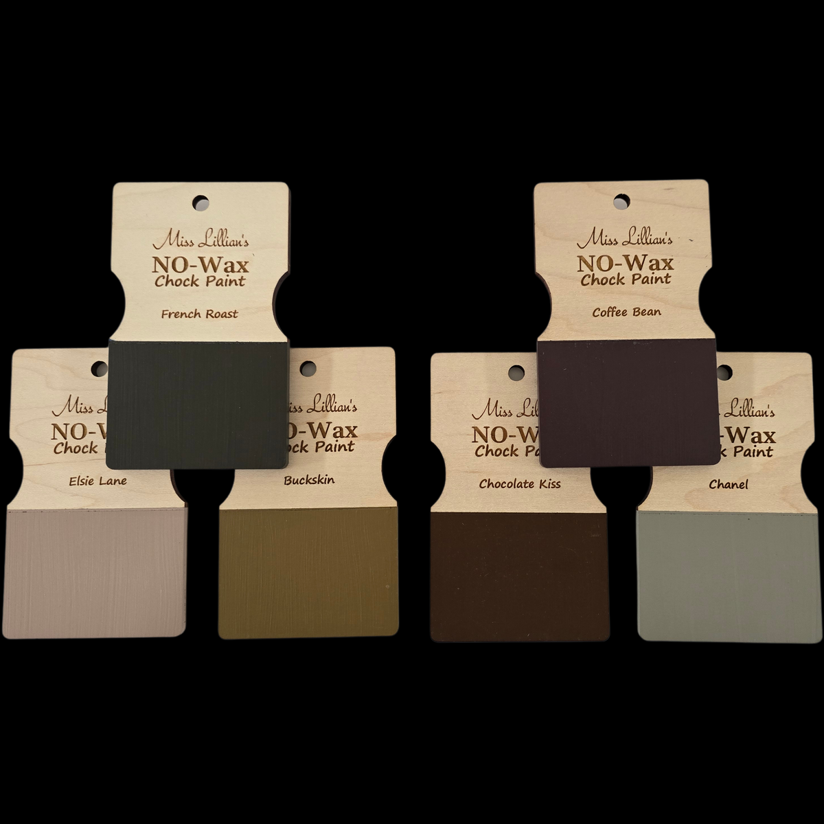 Six wood-tagged Miss Lillian’s Chanel No-Wax Chock Paint swatches displayed for color comparison.