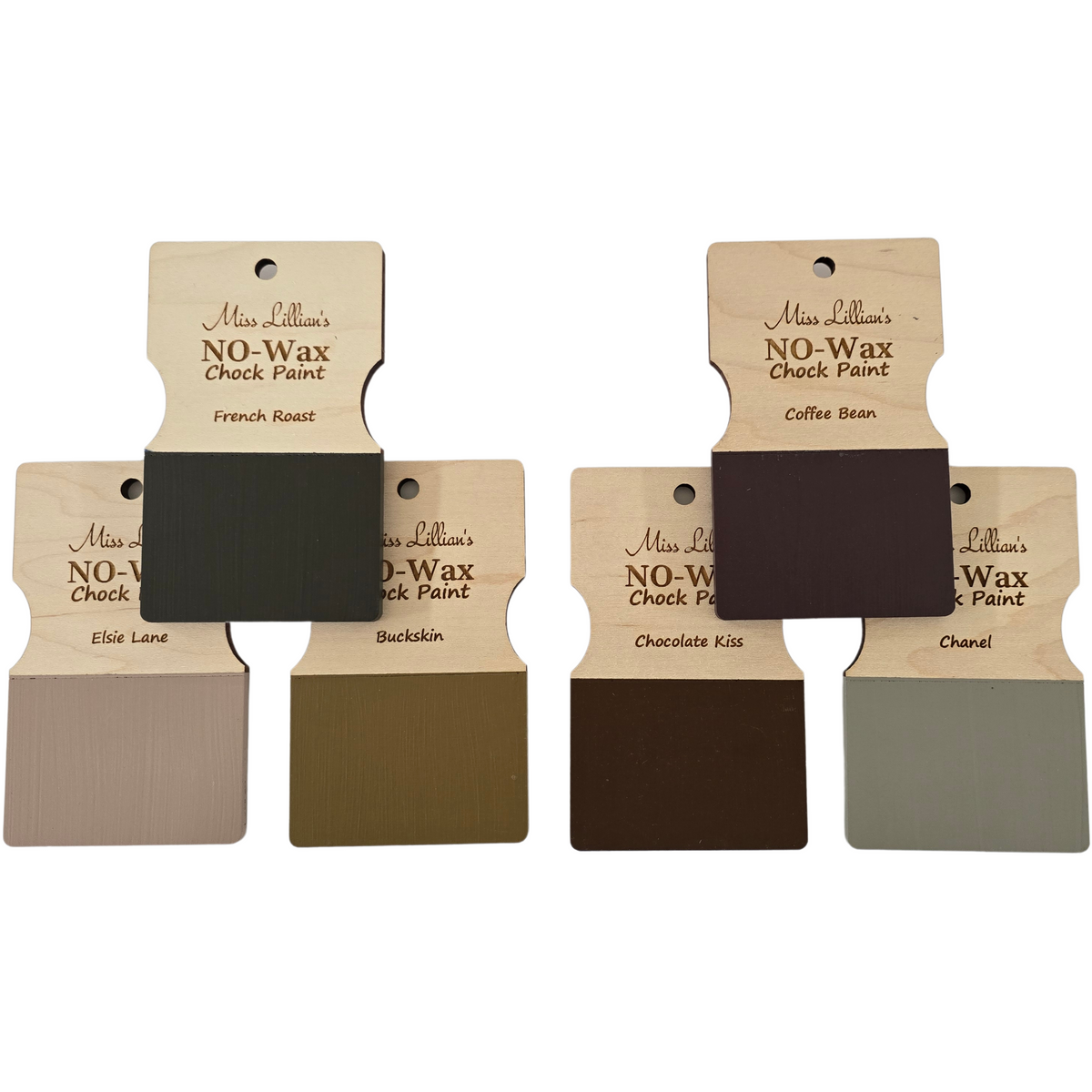 Four Miss Lillian’s No-Wax Chock Paint pairs: Elsie Lane, Buckskin, French Roast, and Chocolate Kiss.