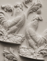 Two rooster reliefs for I.O.D. Chanticleer Mould, suitable for French country decor or craft projects.